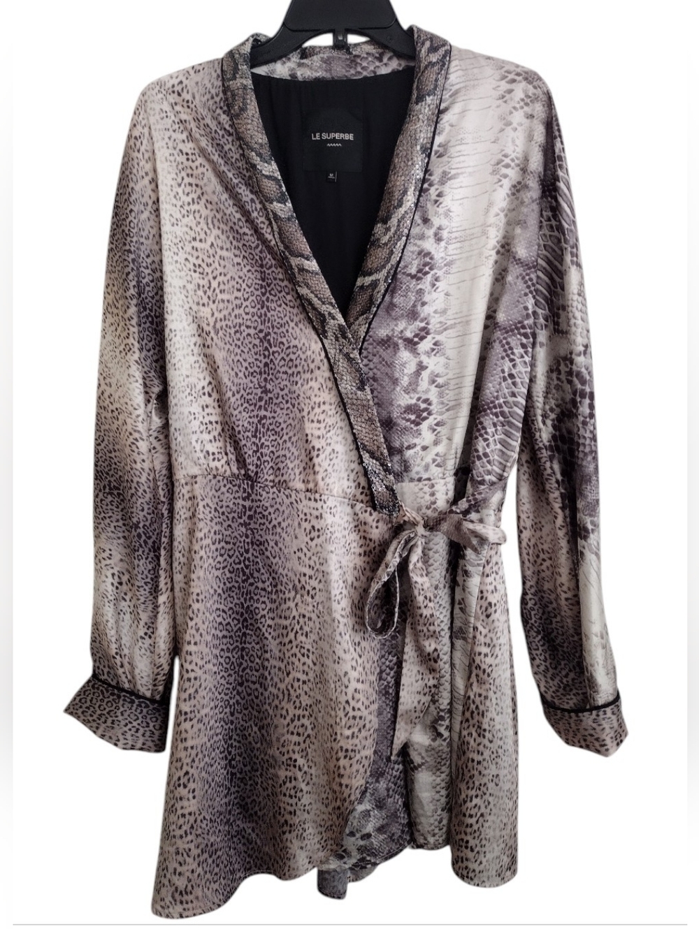 Le Superbe Snake Print Satin Kimono Wrap Style Romper Taupe/Gray/Tan Size 12
